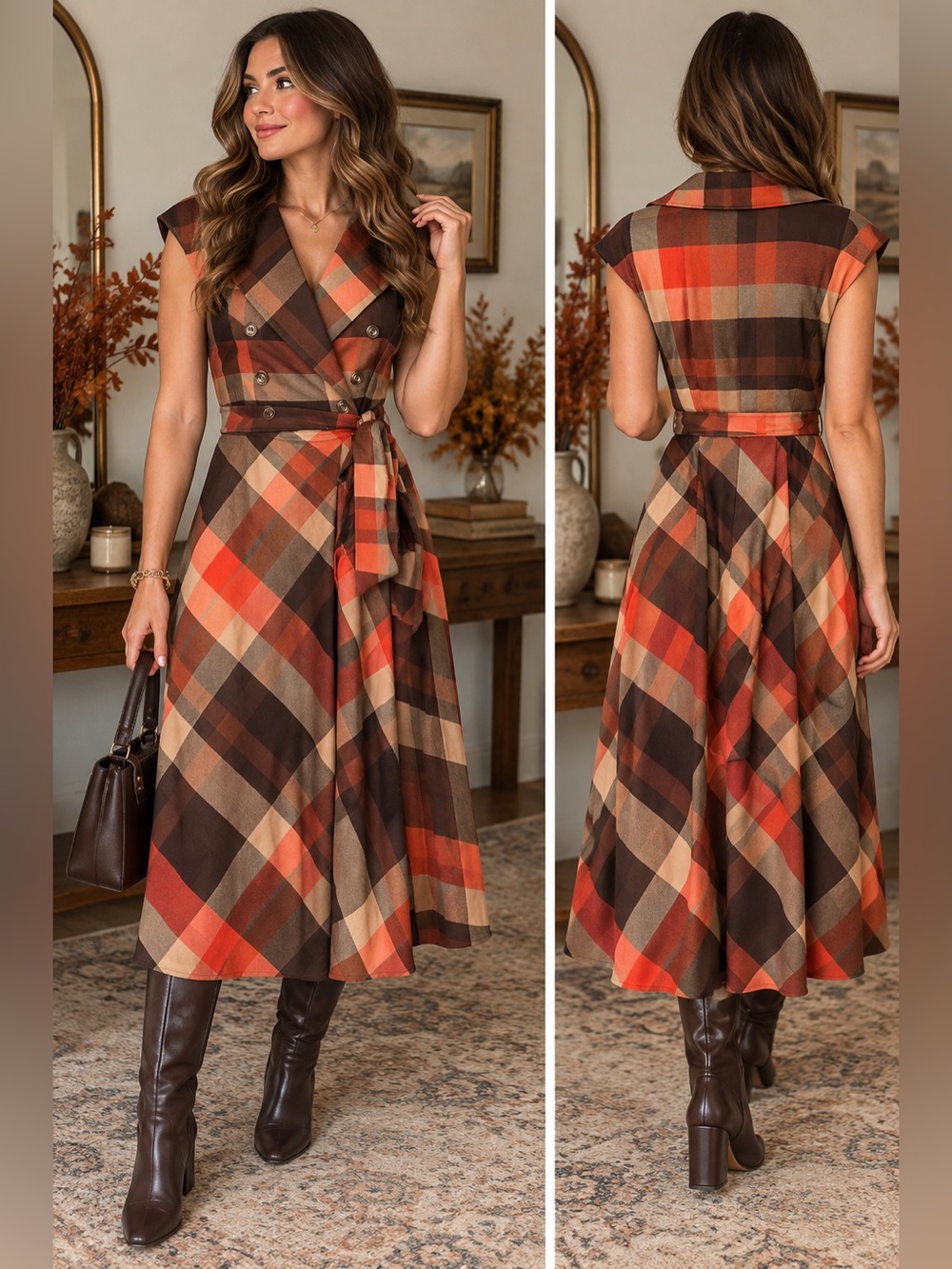 New York & Company Plaid Trench Midi Dress Belted Double Breasted Fall Academia